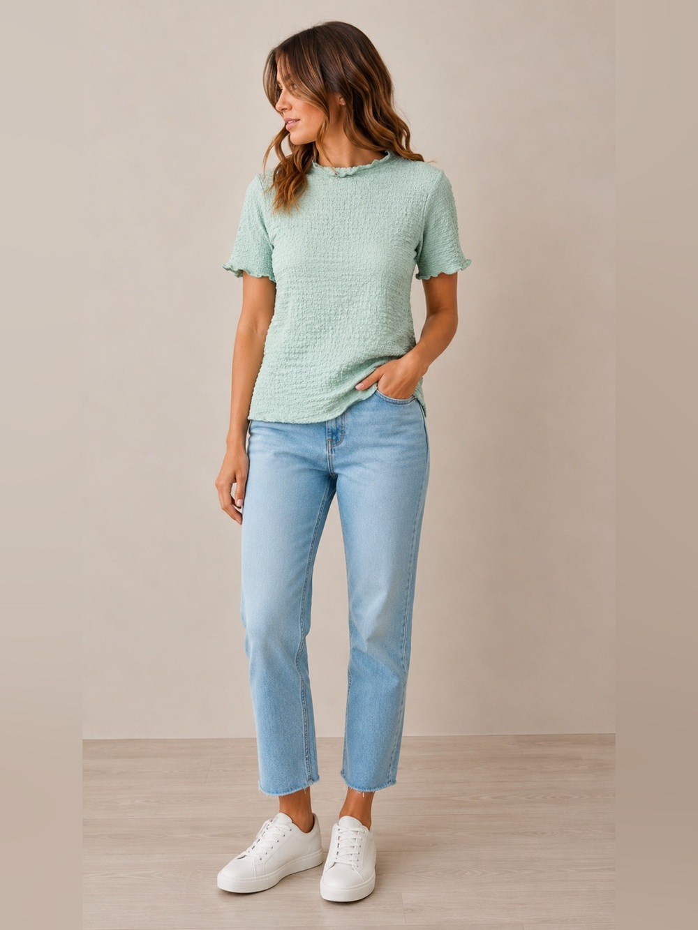 A New Day Mint Green Textured Ruched Lettuce Trim Top NWT Size M